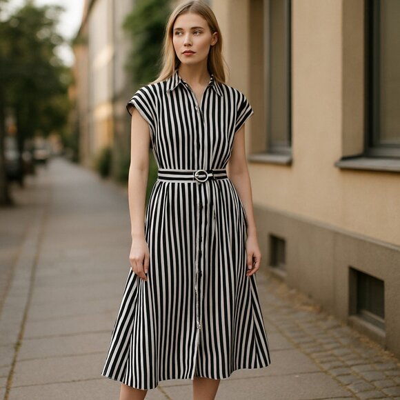 NWT ZARA  STRIPED LINEN/COTTON BLEND MIDI SHIRTDRESS  Bloggers Fave - Picture 1 of 7
